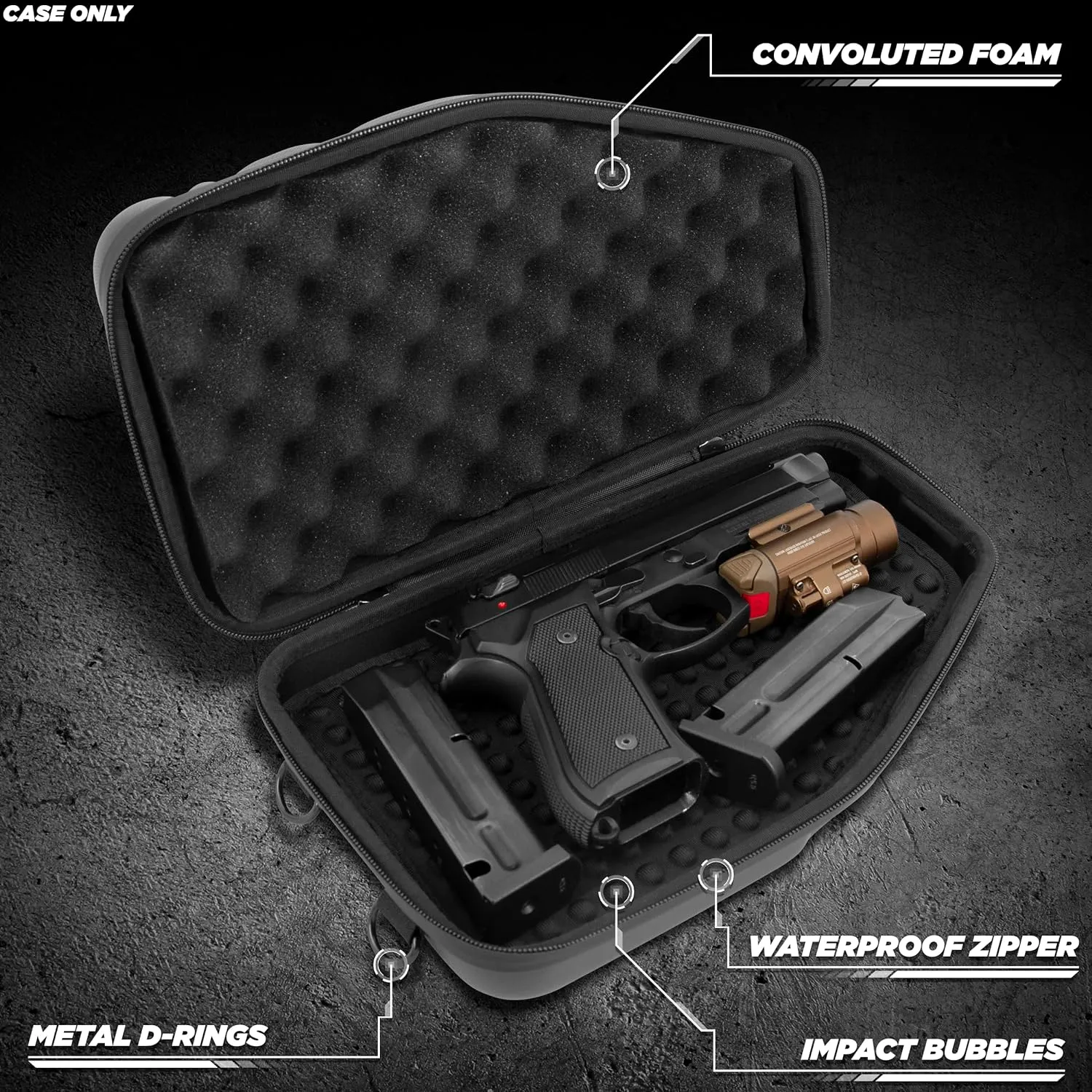 CASEMATIX Locking Pistol Case Fits Small to Large 9mm Pistols with Room For Extra Clips and Attachments - Portable EVA Gun Rug Handgun Case with Foam, Snap In Zippers, Water Resistant, Shoulder Strap