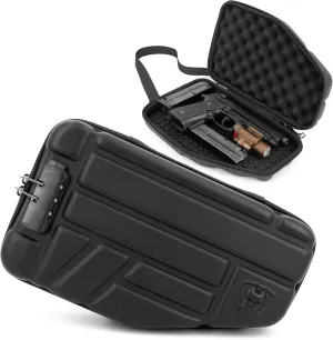 CASEMATIX Locking Pistol Case Fits Small to Large 9mm Pistols with Room For Extra Clips and Attachments - Portable EVA Gun Rug Handgun Case with Foam, Snap In Zippers, Water Resistant, Shoulder Strap