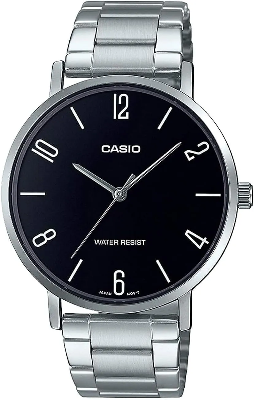 Casio Crocodile Embossed Black Leather Round Analog Watch, Silver/Black, 46×40×8.2mm, Bracelet