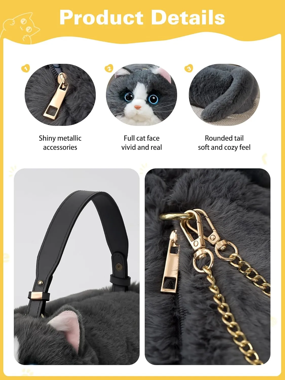 Cat Crossbody Bag Cat Shaped Purse with Adjustable Strap and Metal Chain, Cat Purse for Women