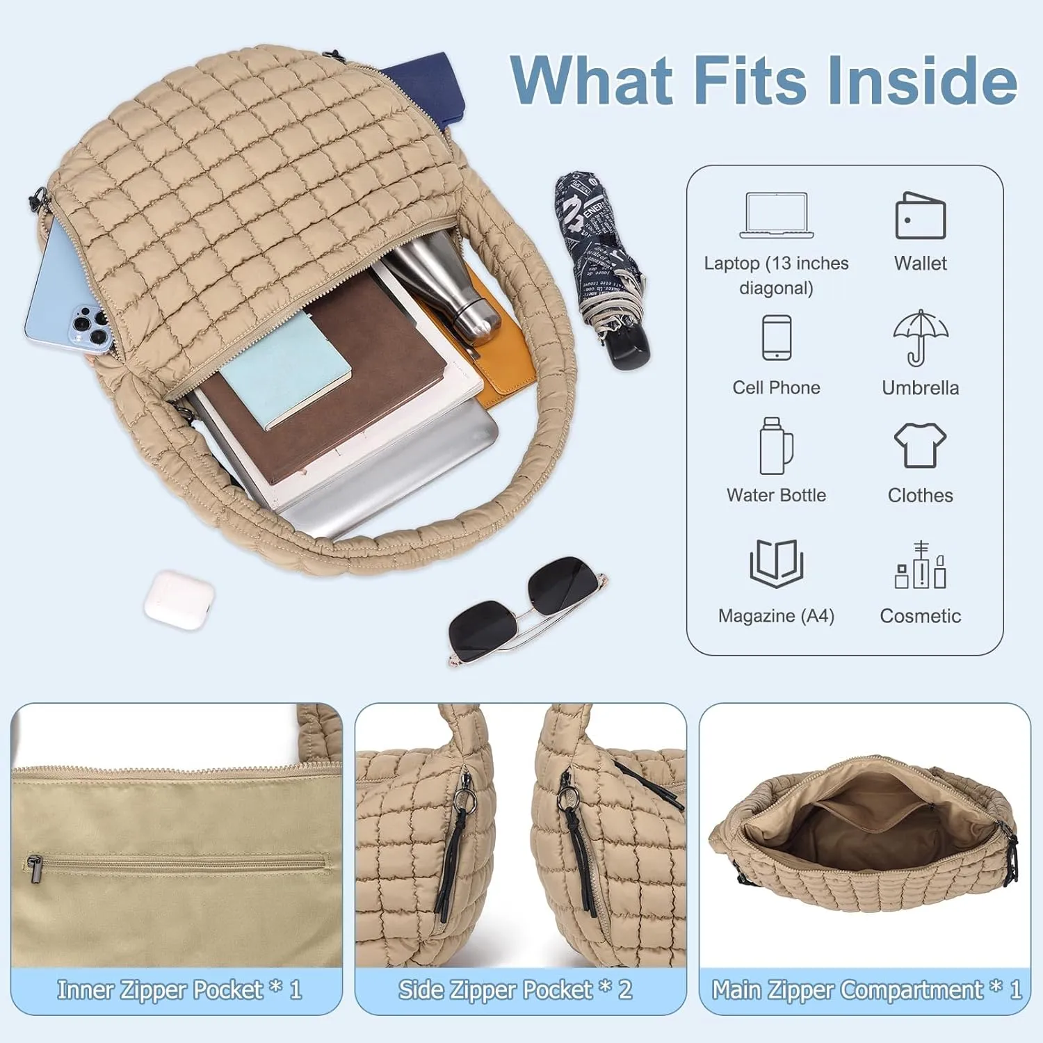 CATMICOO Puffer Tote Bag for Women: Carryall Puff Shoulder Bag for Travel - Lightweight Quilted Bag for Gym