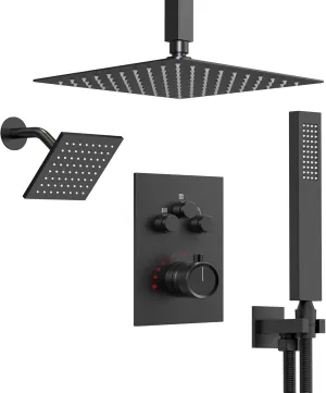 Ceiling Mount 12" High-Pressure Rainfall Shower Faucet, Dual Rainfall Shower Head System with Valve (Matte Black)