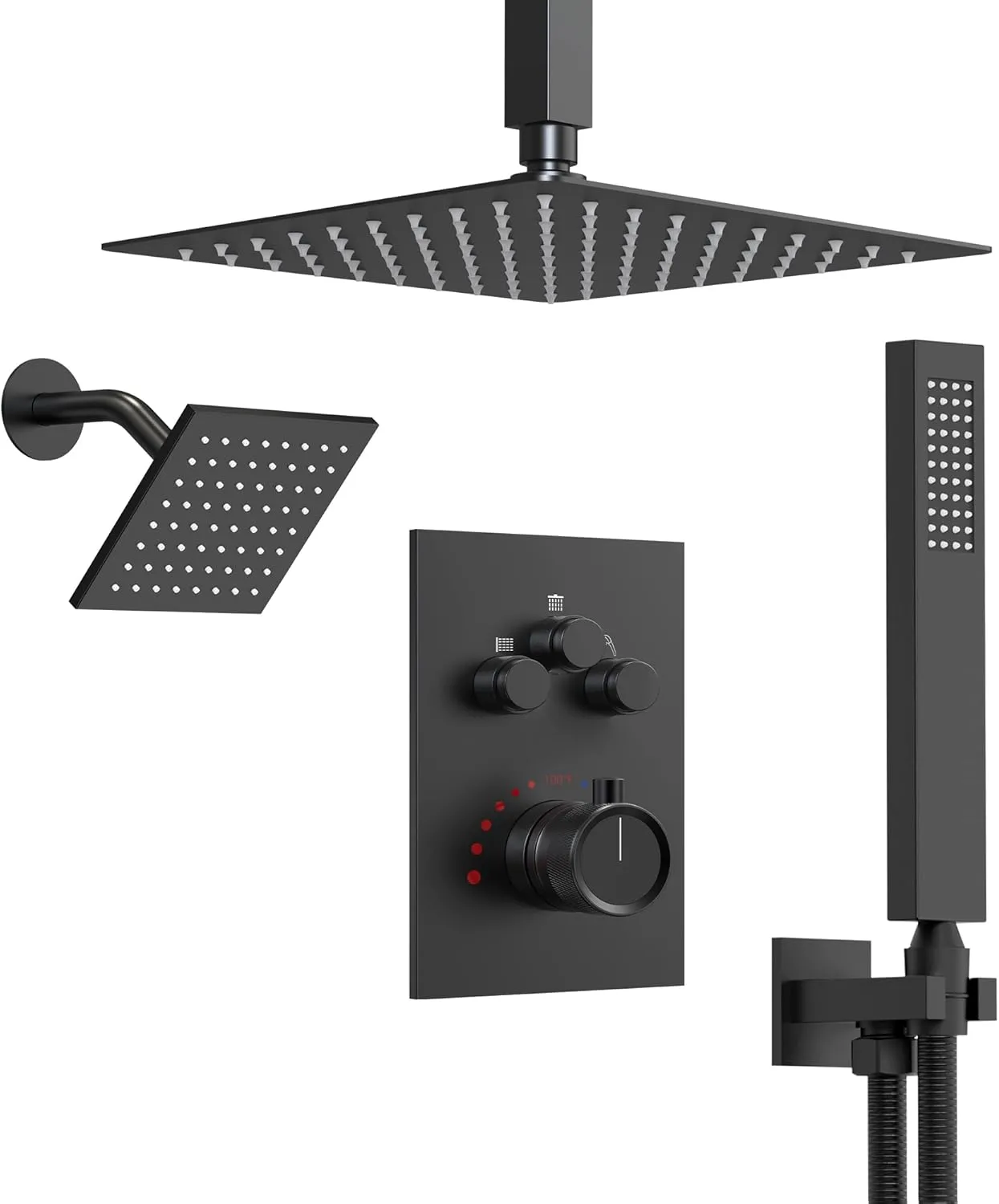 Ceiling Mount 12" High-Pressure Rainfall Shower Faucet, Dual Rainfall Shower Head System with Valve (Matte Black)
