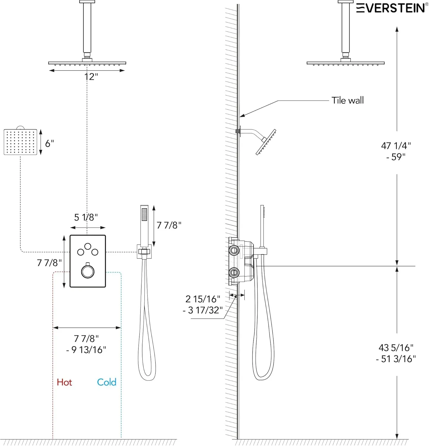 Ceiling Mount 12" High-Pressure Rainfall Shower Faucet, Dual Rainfall Shower Head System with Valve (Matte Black)