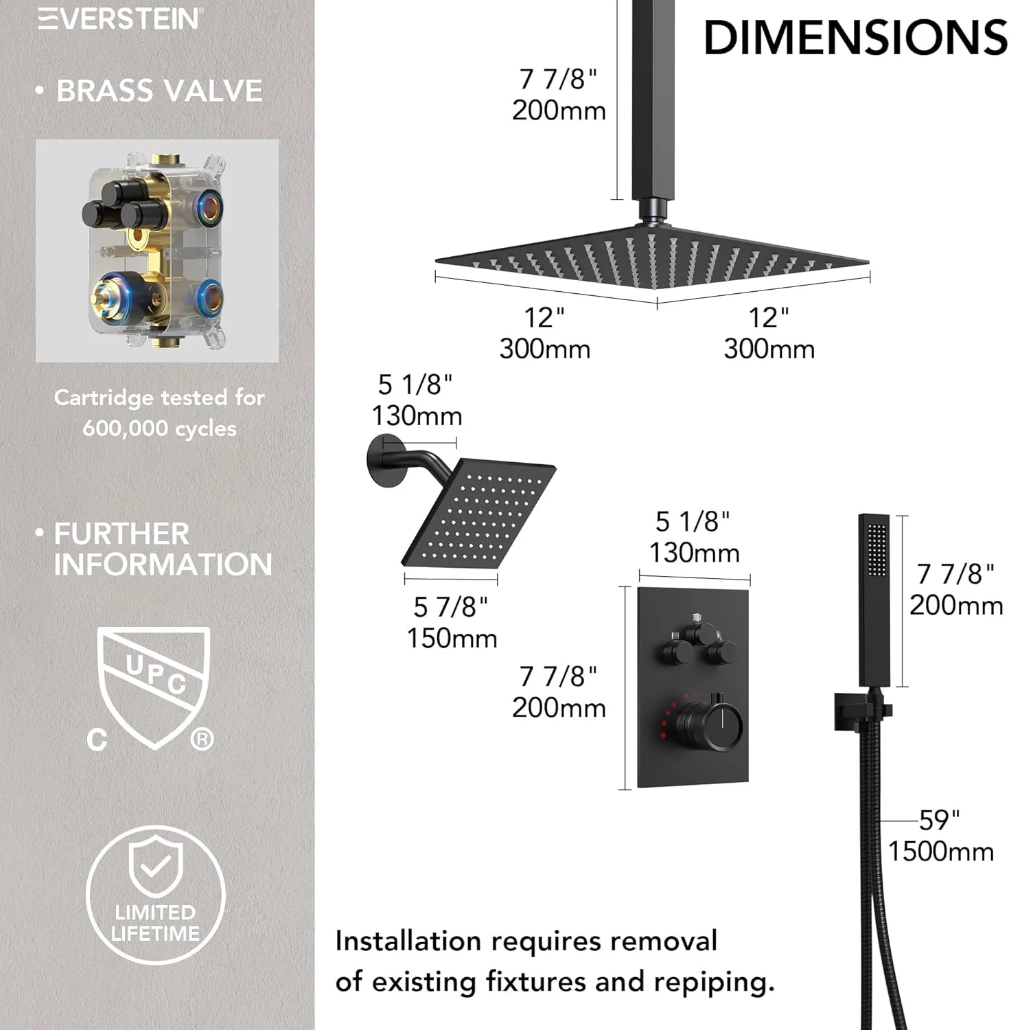 Ceiling Mount 12" High-Pressure Rainfall Shower Faucet, Dual Rainfall Shower Head System with Valve (Matte Black)