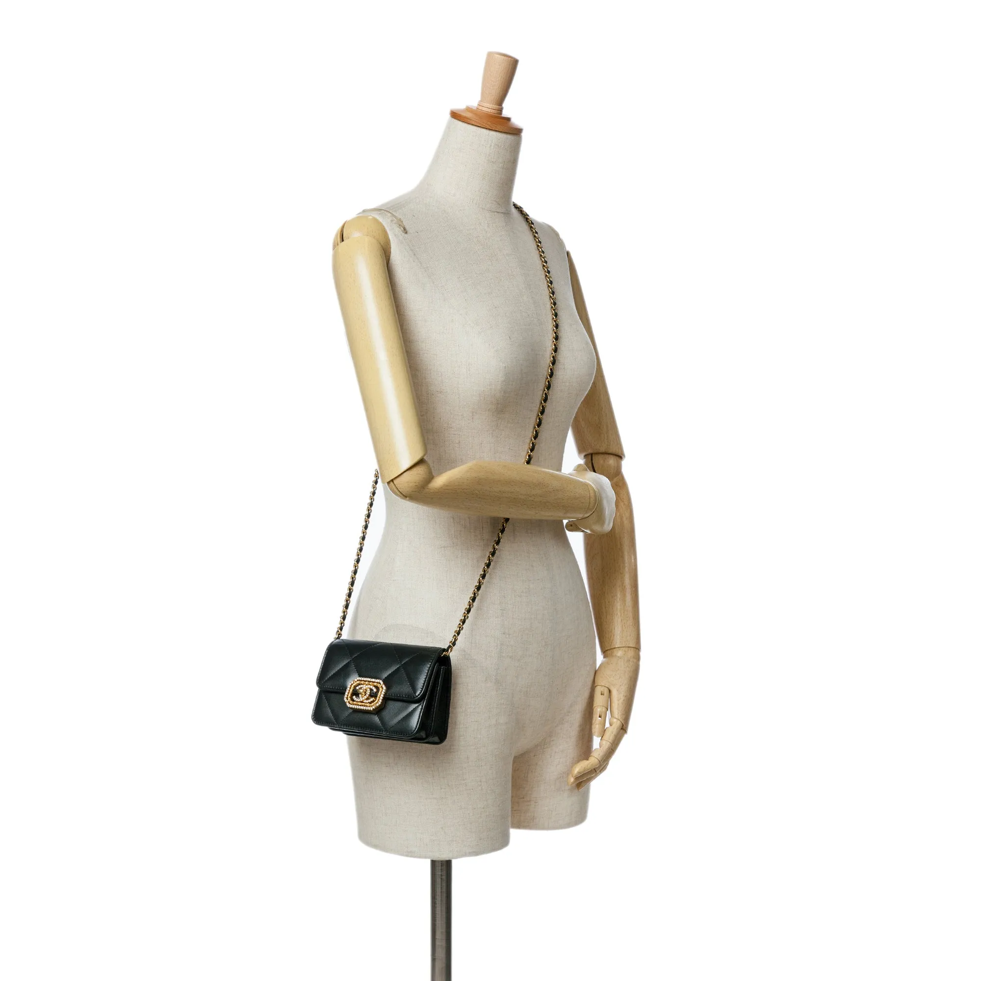 Chanel Quilted Calfskin Strass Card Holder On Chain