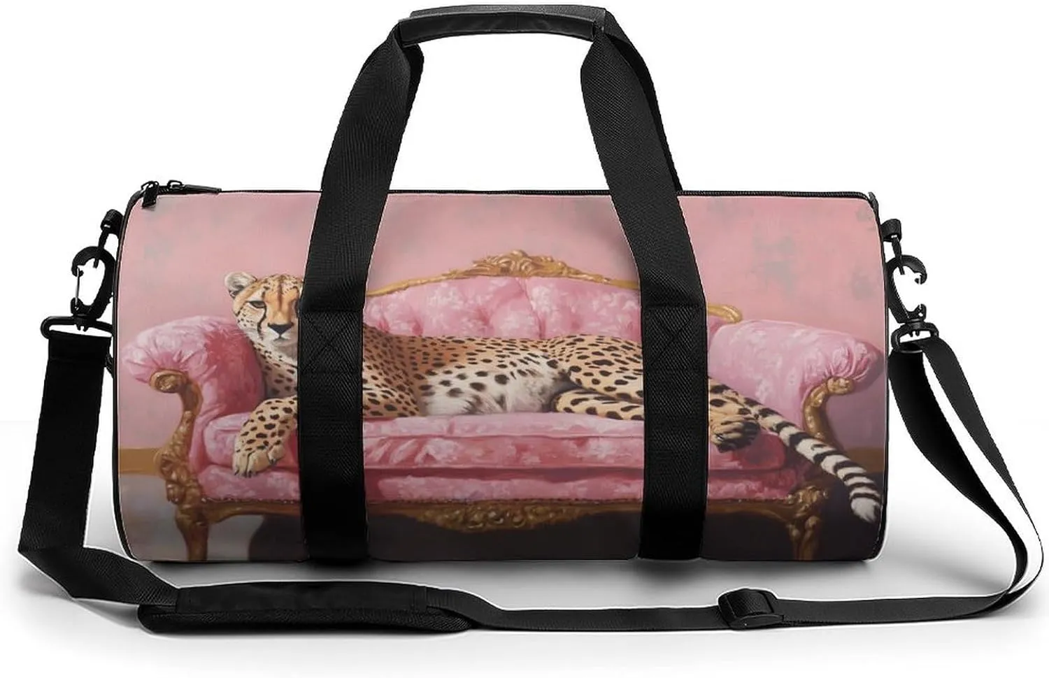 Cheetah Lounging on A Fancy Couch Travel Gym Bag for Women Men Cylindrical Duffle Bag Sport Workout Bag with Shoulder Strap