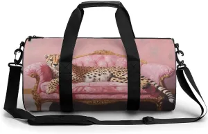 Cheetah Lounging on A Fancy Couch Travel Gym Bag for Women Men Cylindrical Duffle Bag Sport Workout Bag with Shoulder Strap