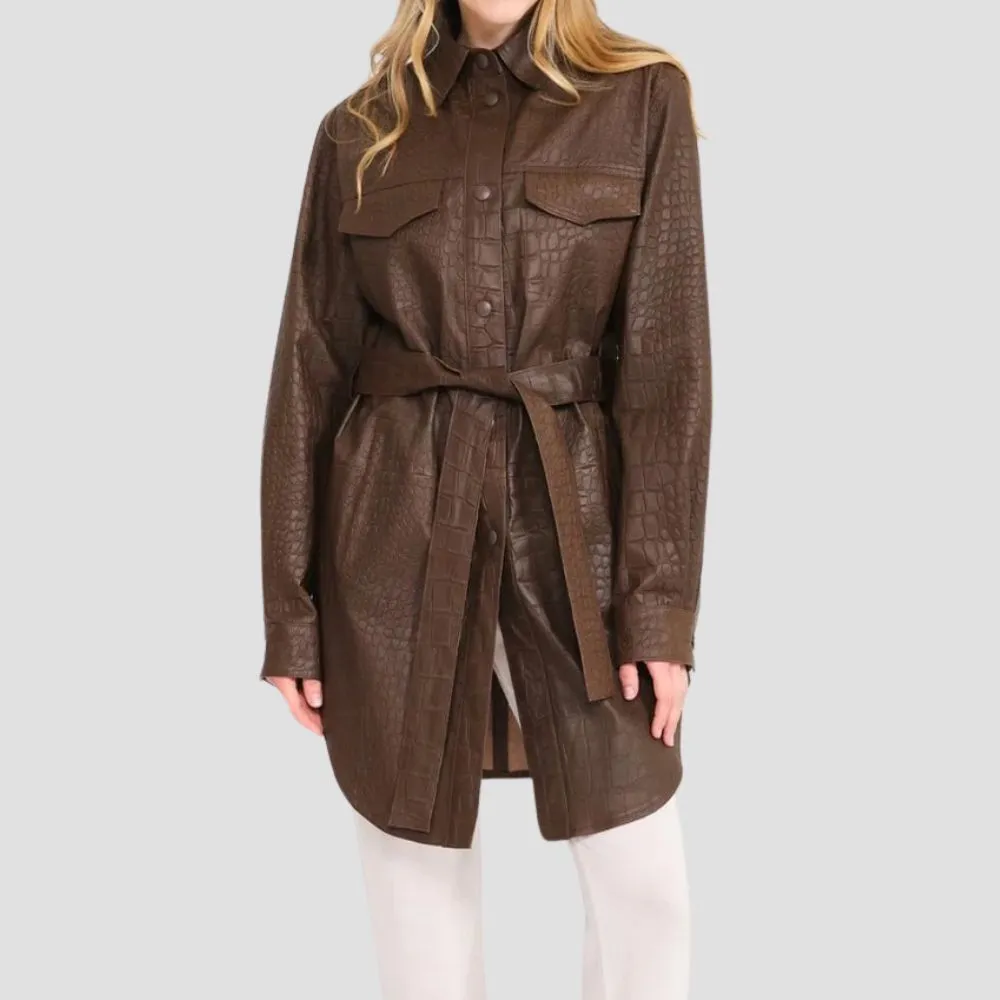 Chic Brown Crocodile Pattern Trench Coat Women Urban Layer