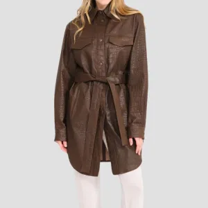 Chic Brown Crocodile Pattern Trench Coat Women Urban Layer