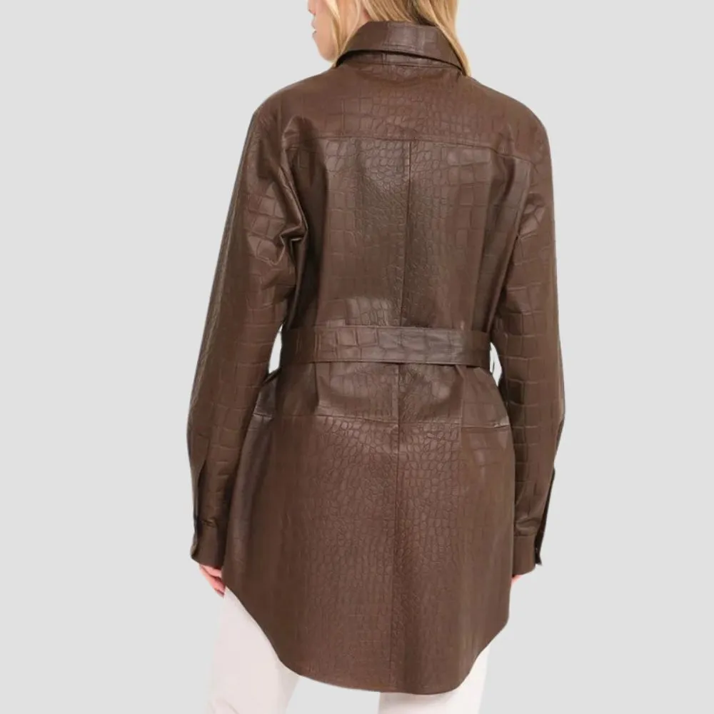 Chic Brown Crocodile Pattern Trench Coat Women Urban Layer