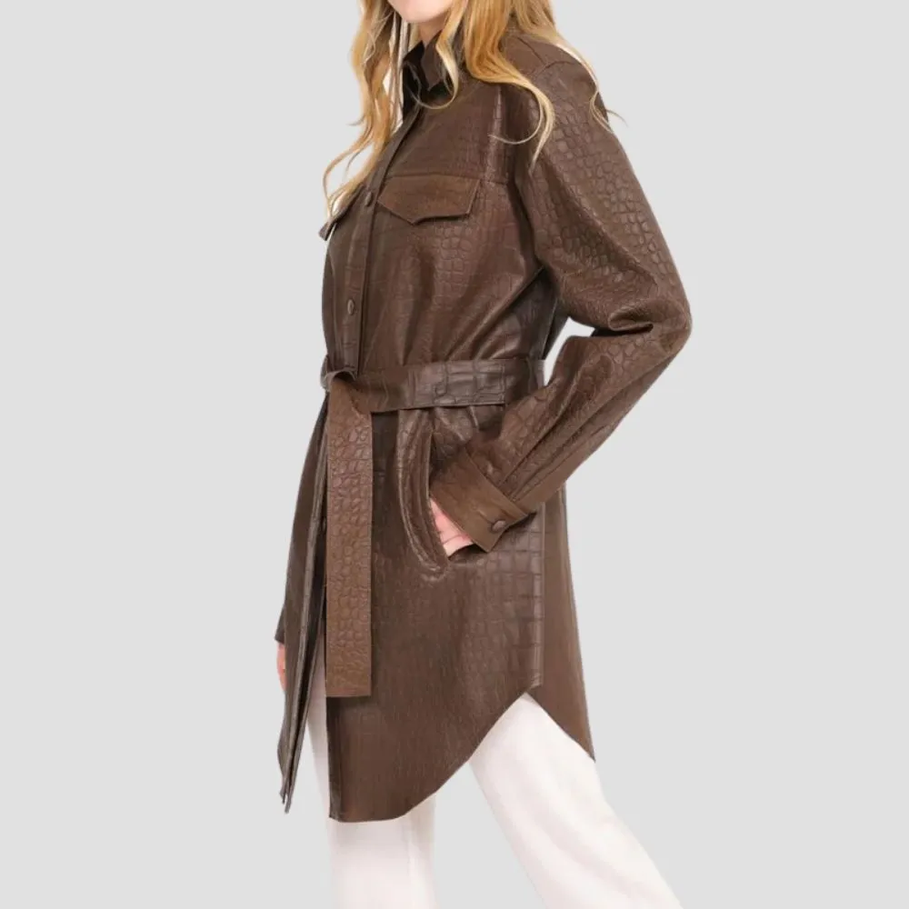 Chic Brown Crocodile Pattern Trench Coat Women Urban Layer