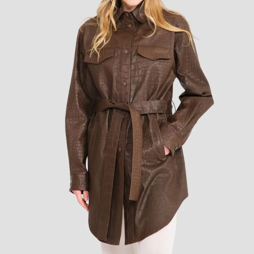 Chic Brown Crocodile Pattern Trench Coat Women Urban Layer