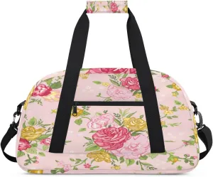 Chic Roses Gym Duffel Bag for Men Women Pink Background Sports Tote Bag with Adjustable Shoulder Strap for Dance Gymnastics Traveling Outdoor Camping Overnight Stay