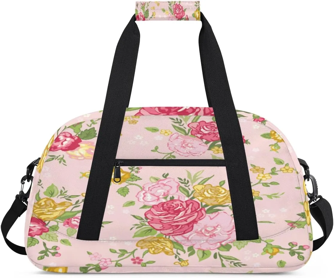 Chic Roses Gym Duffel Bag for Men Women Pink Background Sports Tote Bag with Adjustable Shoulder Strap for Dance Gymnastics Traveling Outdoor Camping Overnight Stay