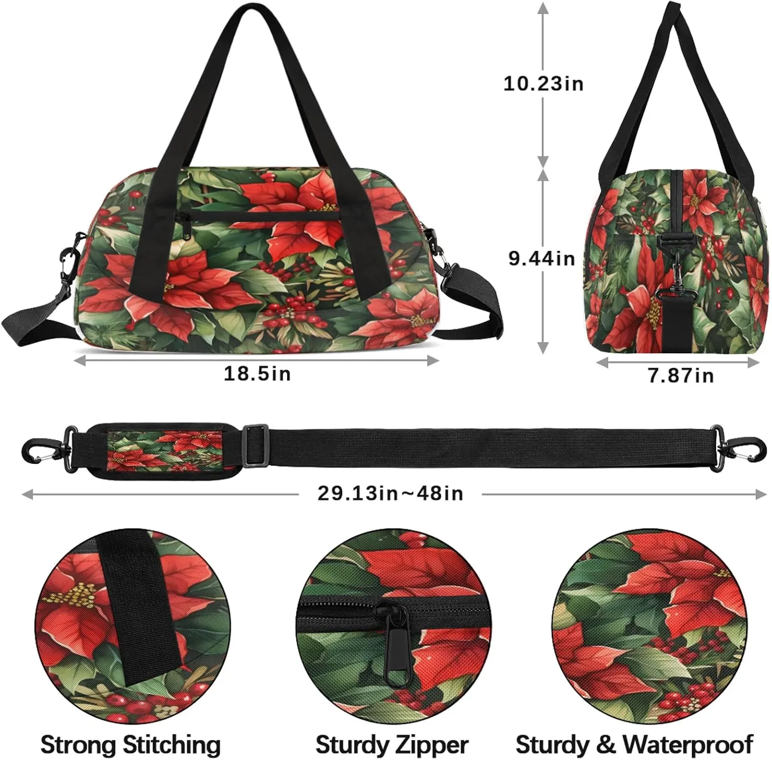 Christmas Flower Kids Duffel Bag Lightweight Waterproof Sports Gym Bag with Front Zipper Pocket Foldable Weekender Overnight Bag for School Practice Gymnastic Ballet