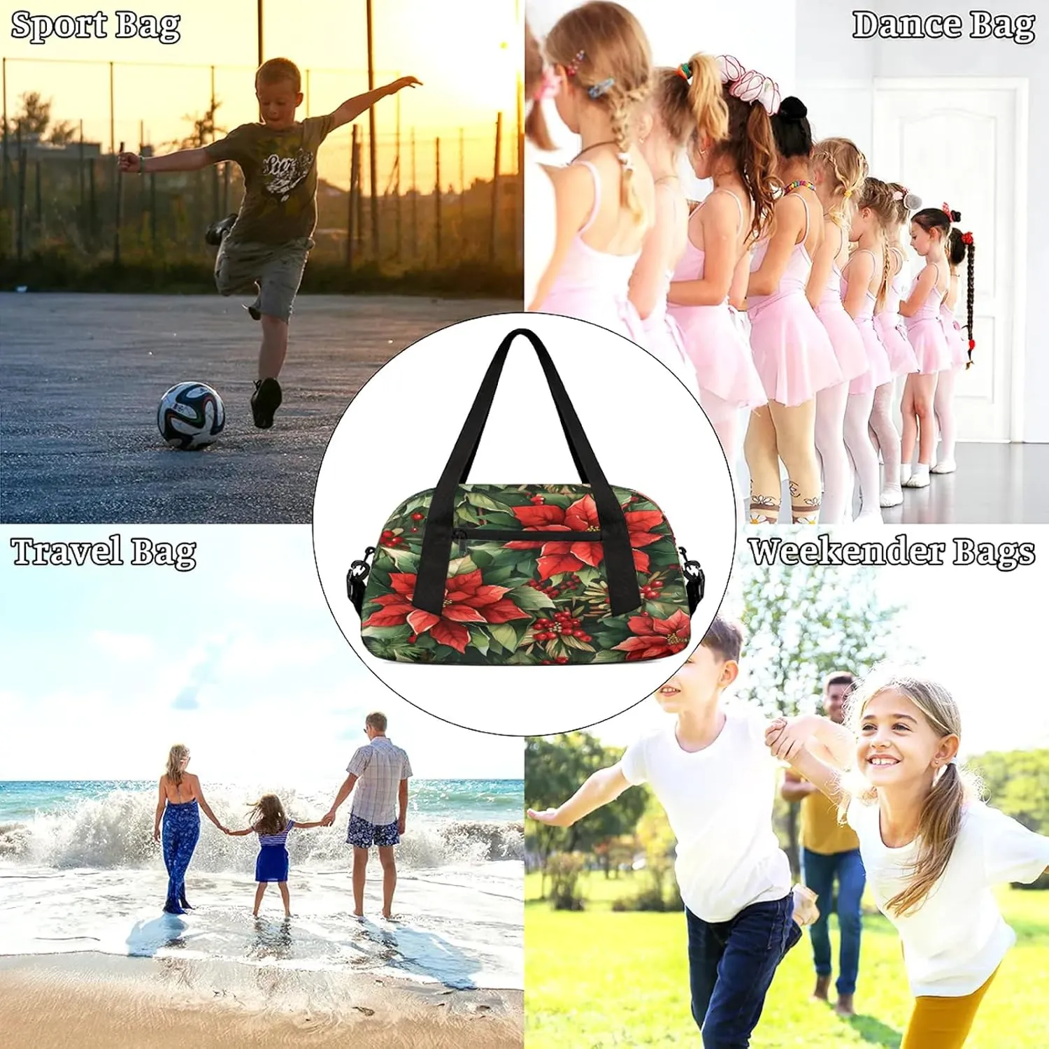 Christmas Flower Kids Duffel Bag Lightweight Waterproof Sports Gym Bag with Front Zipper Pocket Foldable Weekender Overnight Bag for School Practice Gymnastic Ballet