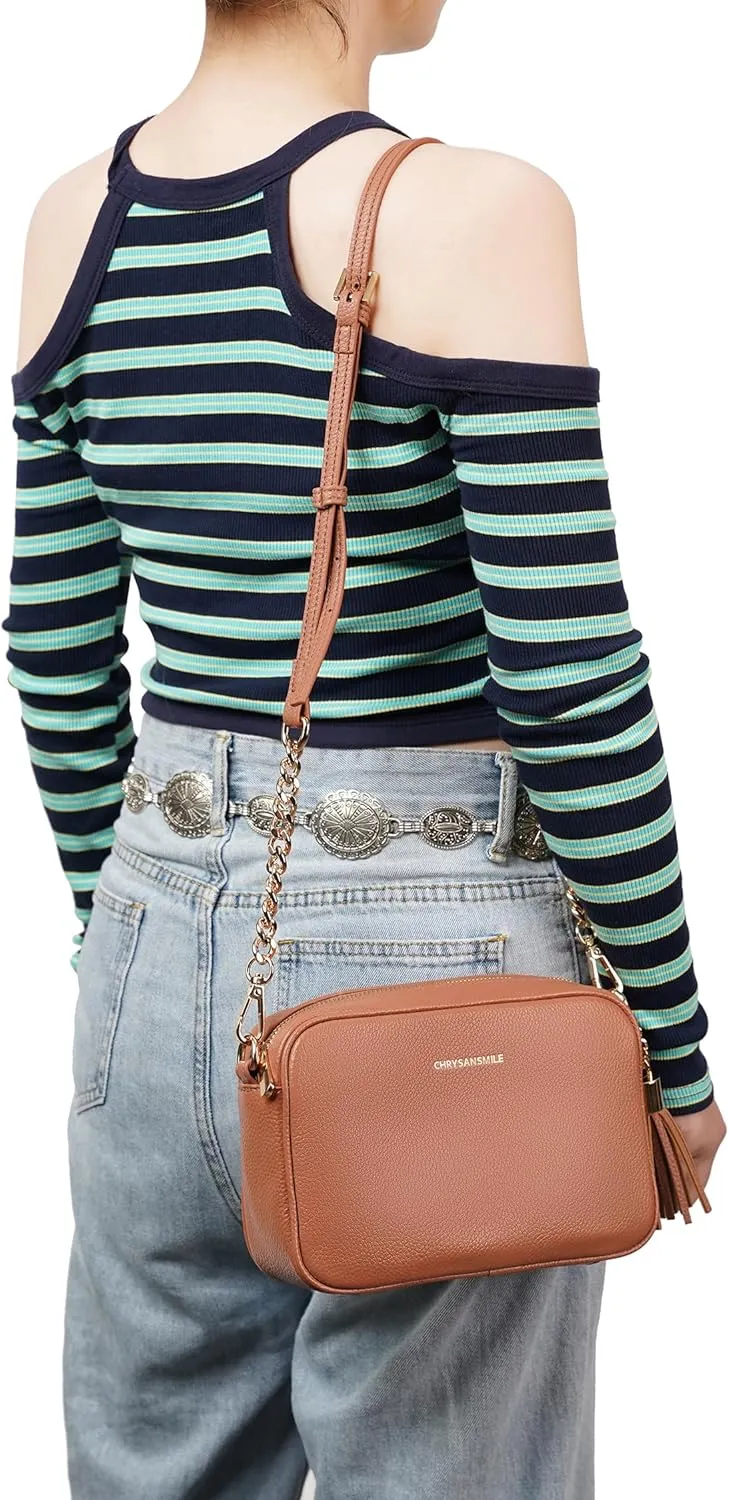 Chrysansmile Crossbody Bags for Women Genuine Leather Small Purse Black Soft Cross Body Bag with Tassel