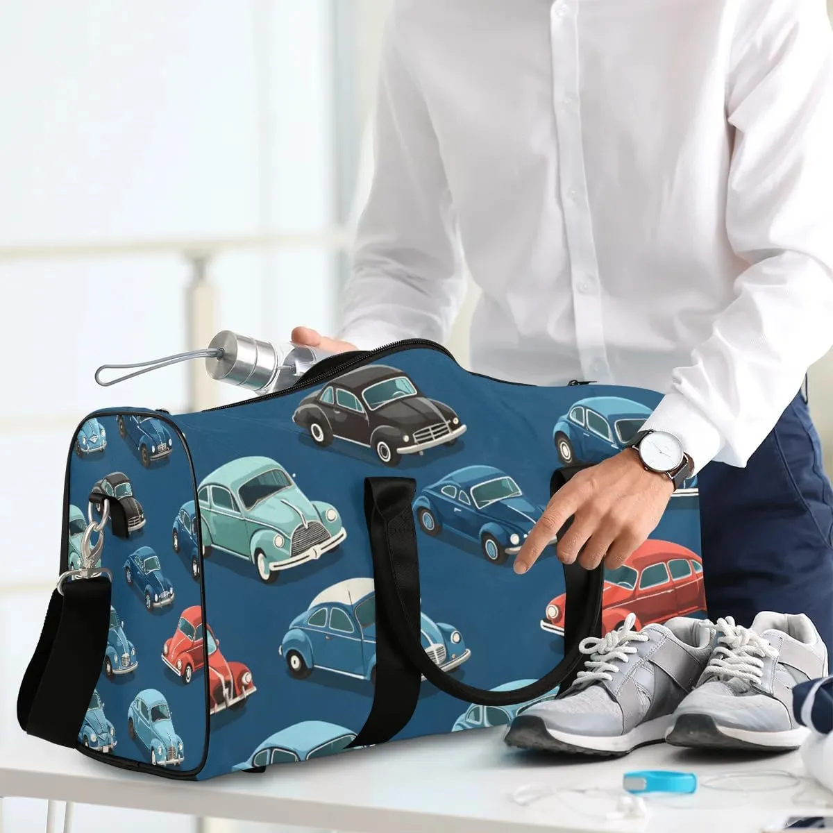 Classic Car Travel Duffel Bag for Women Men Waterproof Foldable Overnight Weekender Bag Large Capacity Sports Gym Bag