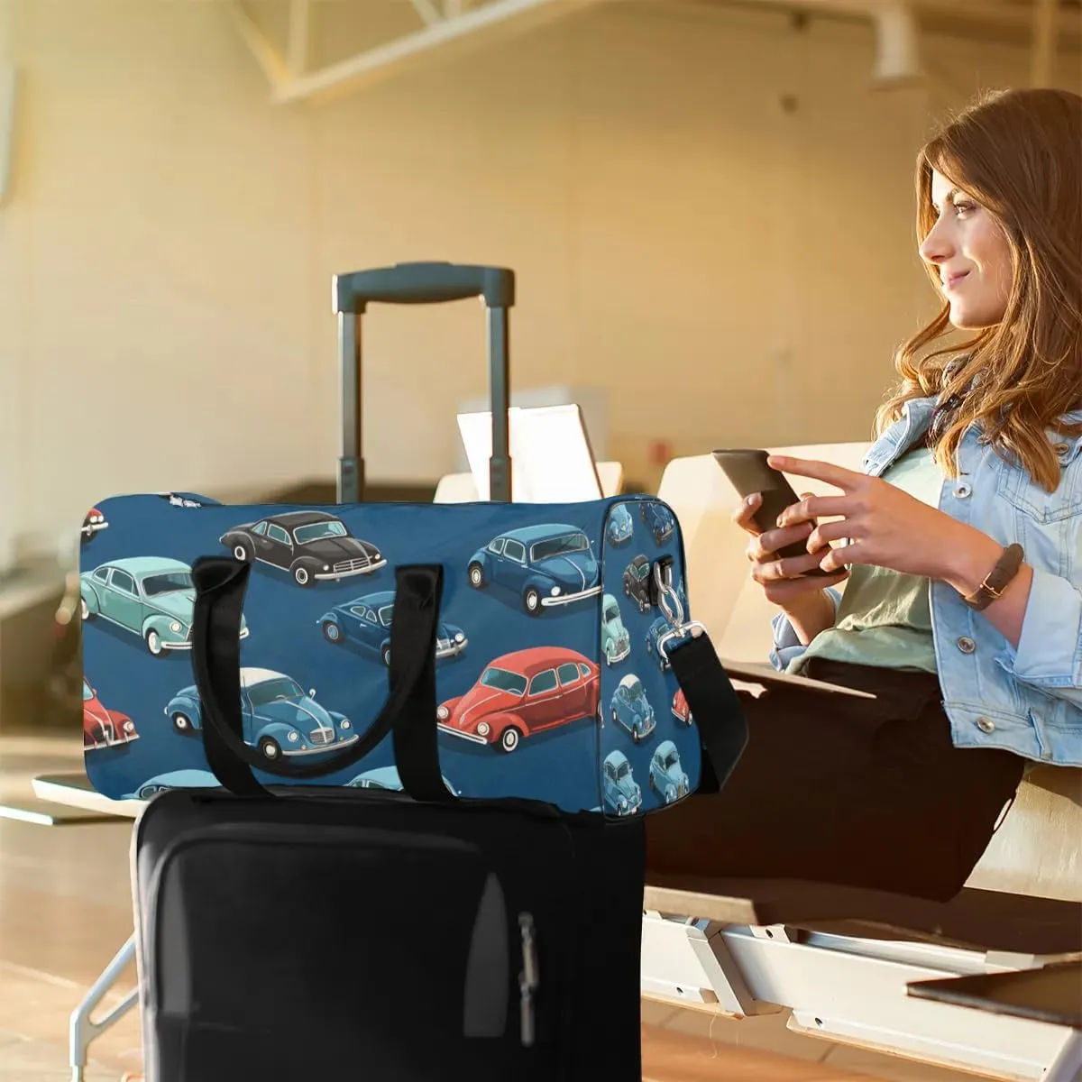 Classic Car Travel Duffel Bag for Women Men Waterproof Foldable Overnight Weekender Bag Large Capacity Sports Gym Bag