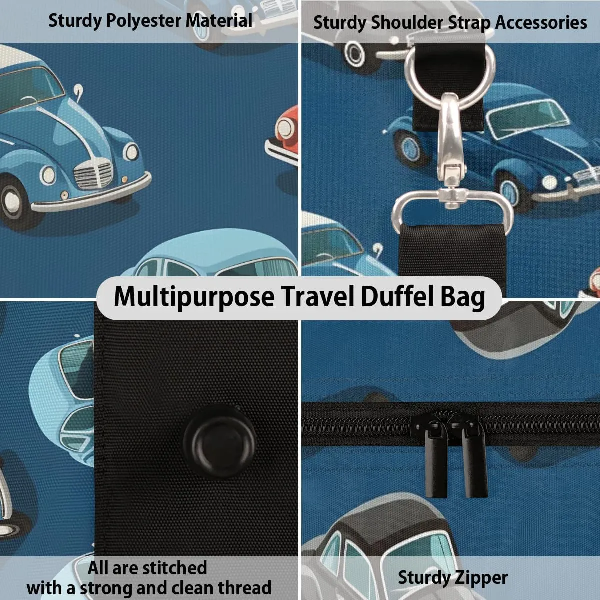 Classic Car Travel Duffel Bag for Women Men Waterproof Foldable Overnight Weekender Bag Large Capacity Sports Gym Bag