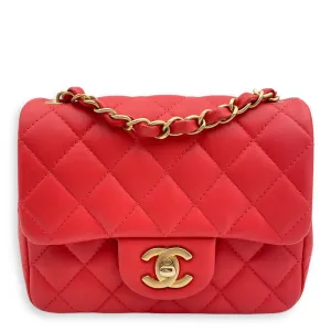 Classic Mini Square Mini Red Crossbody Bag in Lambskin, Gold hardware