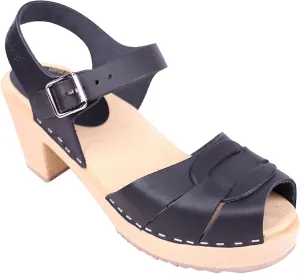 Classic Swedish Clogs - Peep Toe Black Leather Clogs for Women | Comfy Shoes with Shaped Footbed Handcrafted in Sweden