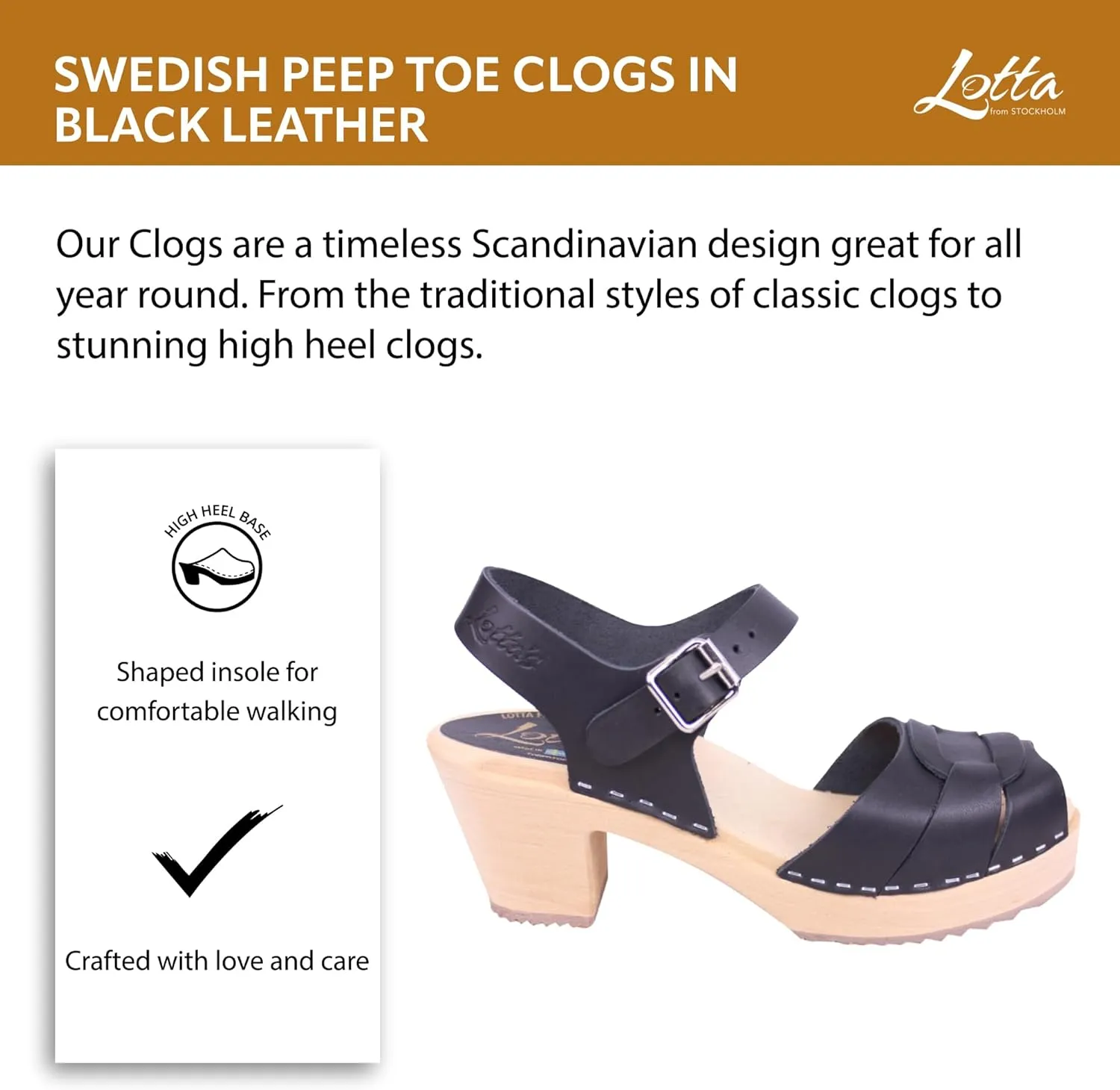 Classic Swedish Clogs - Peep Toe Black Leather Clogs for Women | Comfy Shoes with Shaped Footbed Handcrafted in Sweden