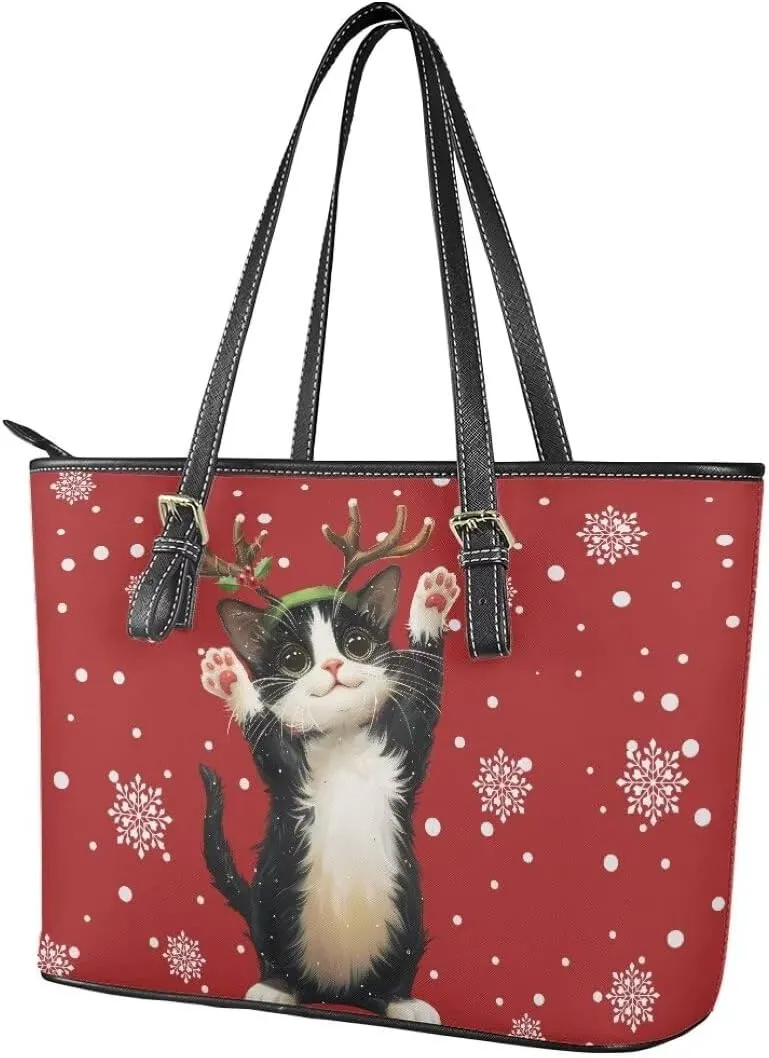 Coldinair Christmas Leather Tote Bag for Women with Zipper Large Shoulder Tote Bag Shopping Casual Travel Bag Handbag Purse