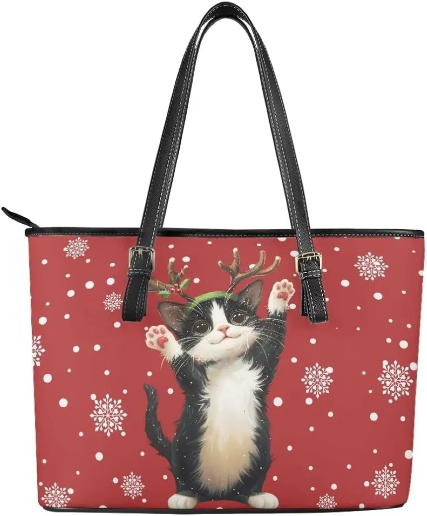 Coldinair Christmas Leather Tote Bag for Women with Zipper Large Shoulder Tote Bag Shopping Casual Travel Bag Handbag Purse