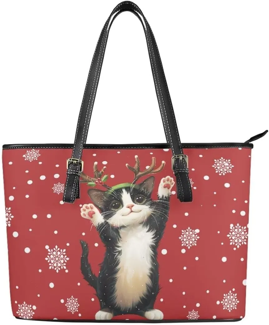 Coldinair Christmas Leather Tote Bag for Women with Zipper Large Shoulder Tote Bag Shopping Casual Travel Bag Handbag Purse