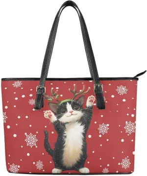 Coldinair Christmas Leather Tote Bag for Women with Zipper Large Shoulder Tote Bag Shopping Casual Travel Bag Handbag Purse