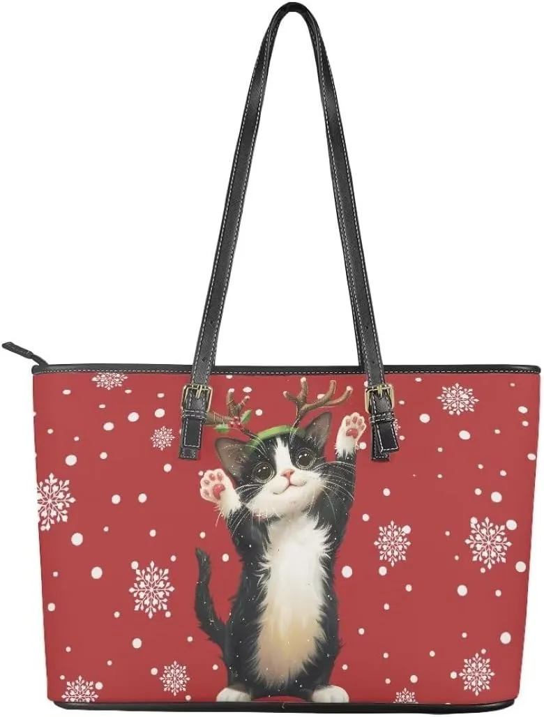 Coldinair Christmas Leather Tote Bag for Women with Zipper Large Shoulder Tote Bag Shopping Casual Travel Bag Handbag Purse
