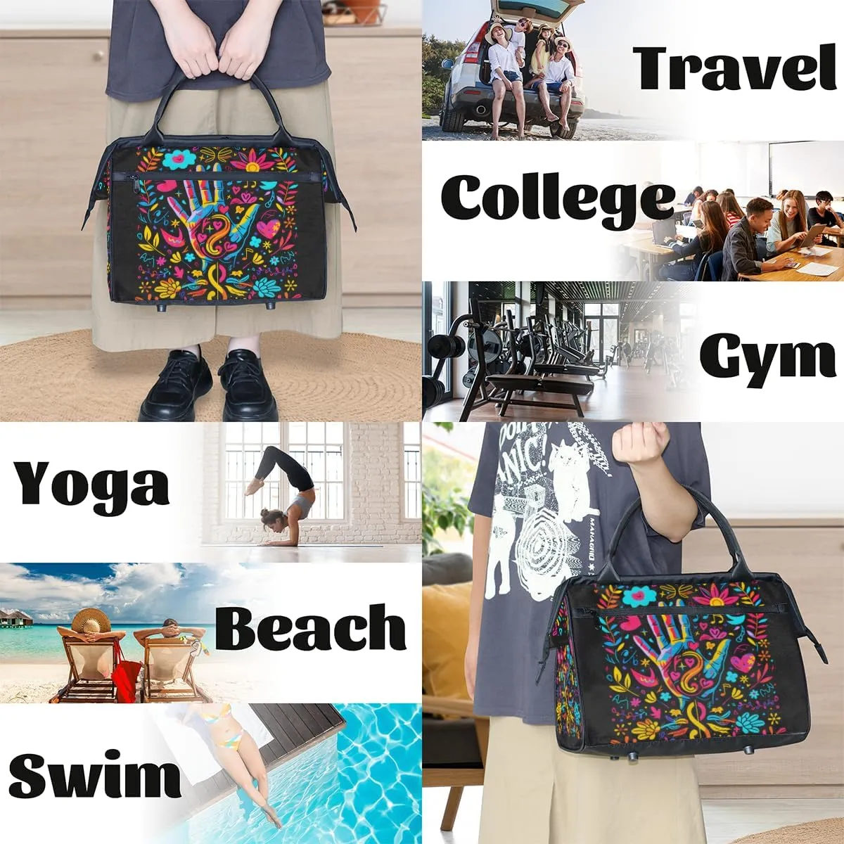 Colorful Abstract Peace Sign Weekender Overnight Bag for Women Waterproof Carry On Travel Duffle Bags with Pocket Lightweight Sports Gym Tote Bag Large Luggage Workout Personal Item Hospital Bags