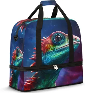 Colorful Galaxy Lizards Travel Duffel Bag with Foldable Shoe Compartment Shoulder Tote Travel Weekend Bag Sports Gym Overnight Bags