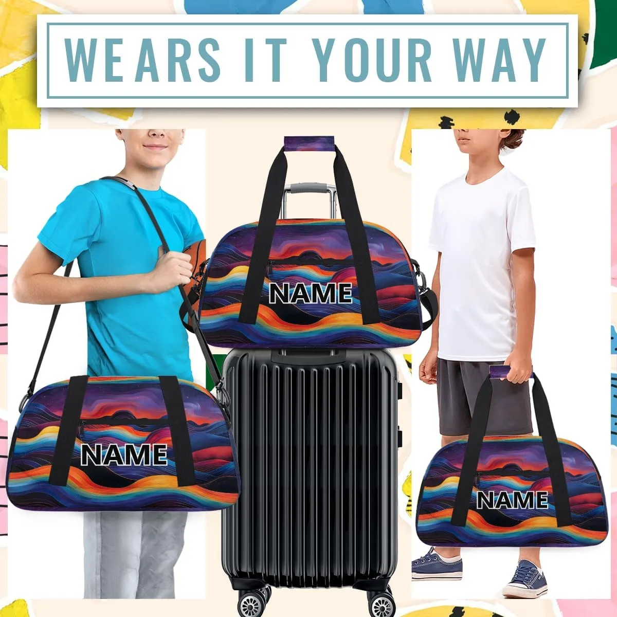 Colorful Mountain Mini Gym Bag 18 inch for Women Men Waterproof Custom Boho Mountain Travel Duffel Bag Carry On Overnight Tote Nurse Bag for Work Fitness Hiking