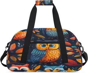 Colorful Owl Gym Duffel Bag for Men Women Colored Leaf Sports Tote Bag with Adjustable Shoulder Strap for Dance Gymnastics Traveling Outdoor Camping Overnight Stay