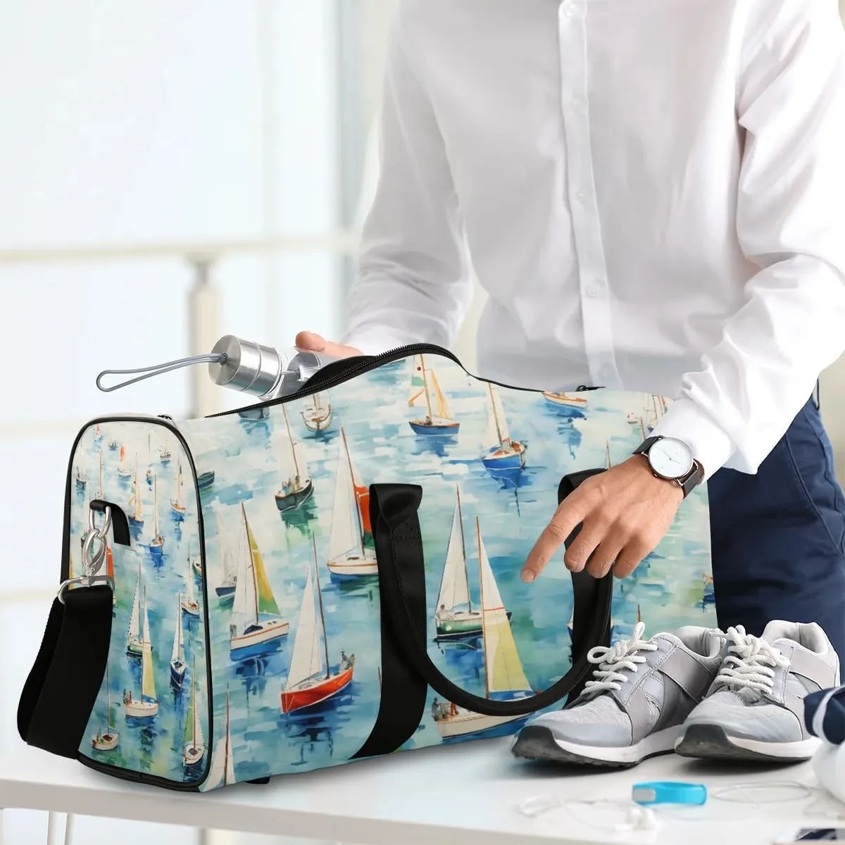 Colorful Sailboat Ship Travel Duffel Bag for Women Men Waterproof Foldable Overnight Weekender Bag Large Capacity Sports Gym Bag