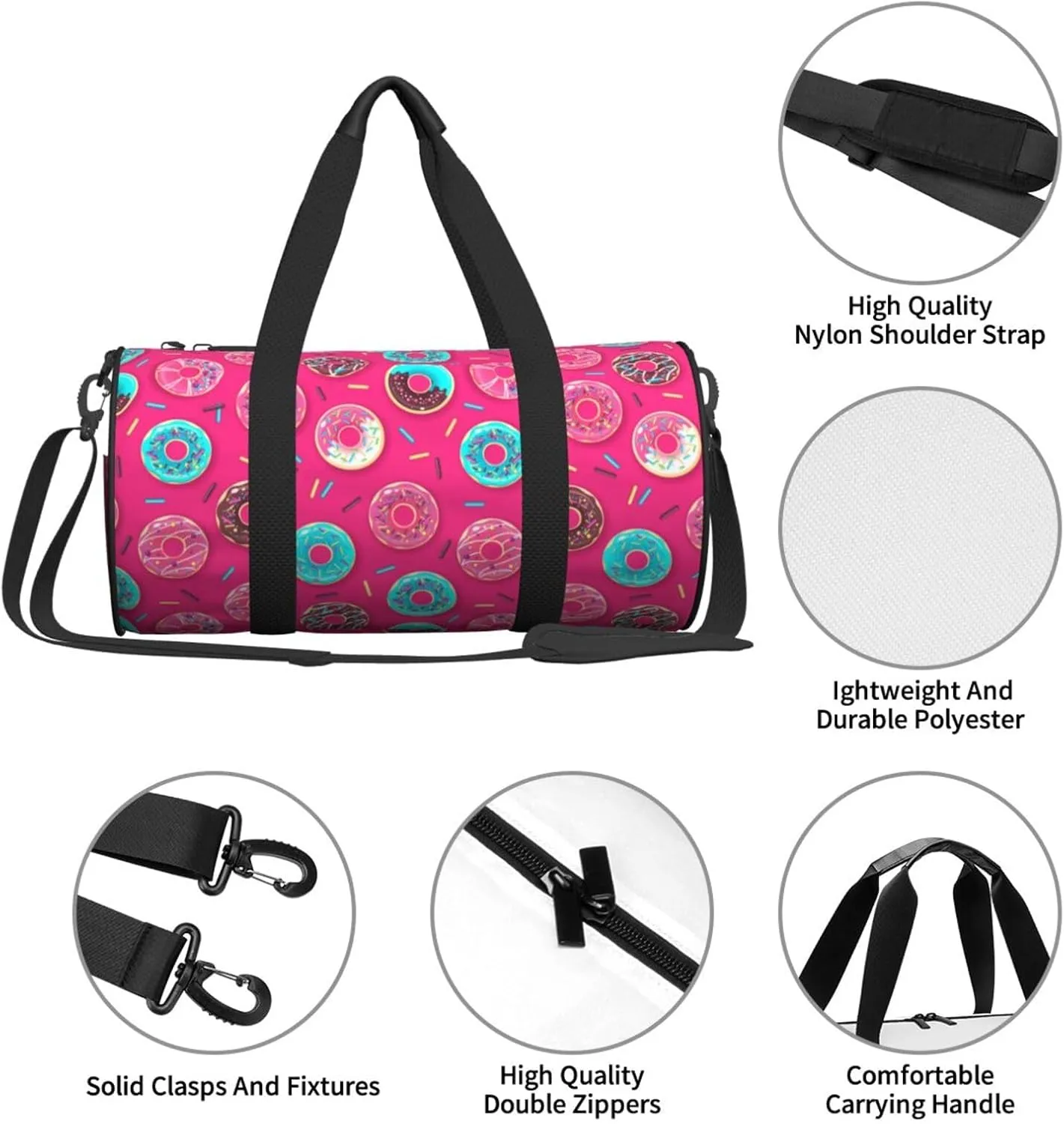Colorful Sweet Pinks Donut Round Travel Duffel Bag Large Capacity Gym Sports Bags for Hiking Vacation Trips