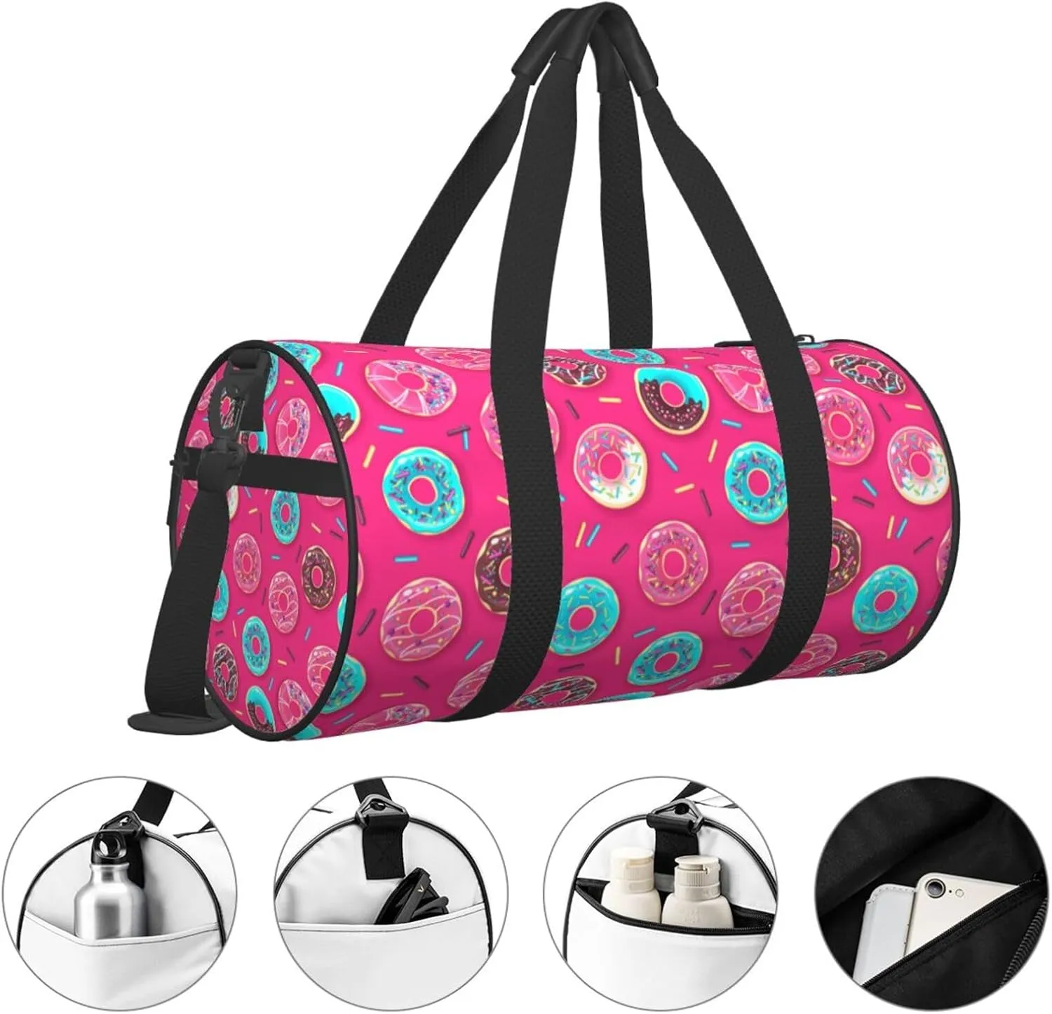 Colorful Sweet Pinks Donut Round Travel Duffel Bag Large Capacity Gym Sports Bags for Hiking Vacation Trips