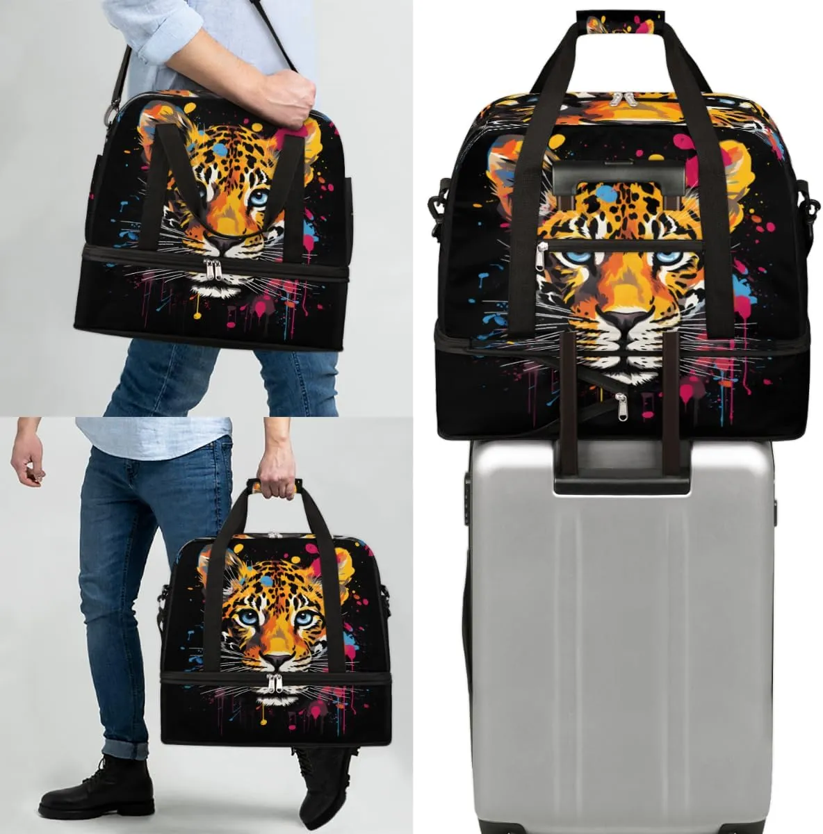 Colorful Tiger Pattern Foldable Travel Duffel Bag Overnight Weekender Bag with Shoes Compartment Sports Gym Bag for Men Women
