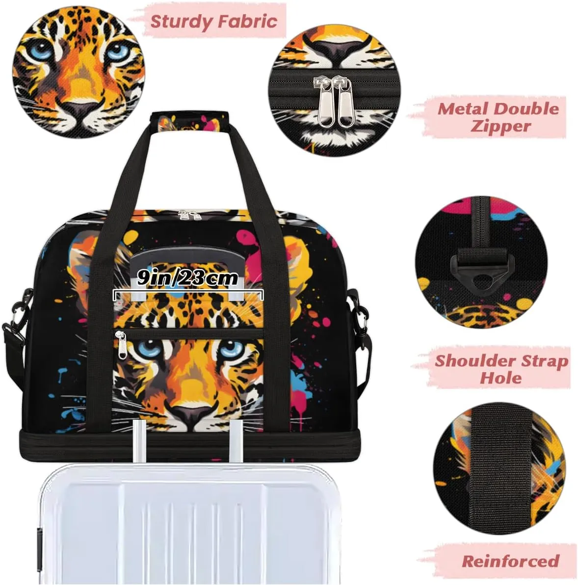 Colorful Tiger Pattern Foldable Travel Duffel Bag Overnight Weekender Bag with Shoes Compartment Sports Gym Bag for Men Women