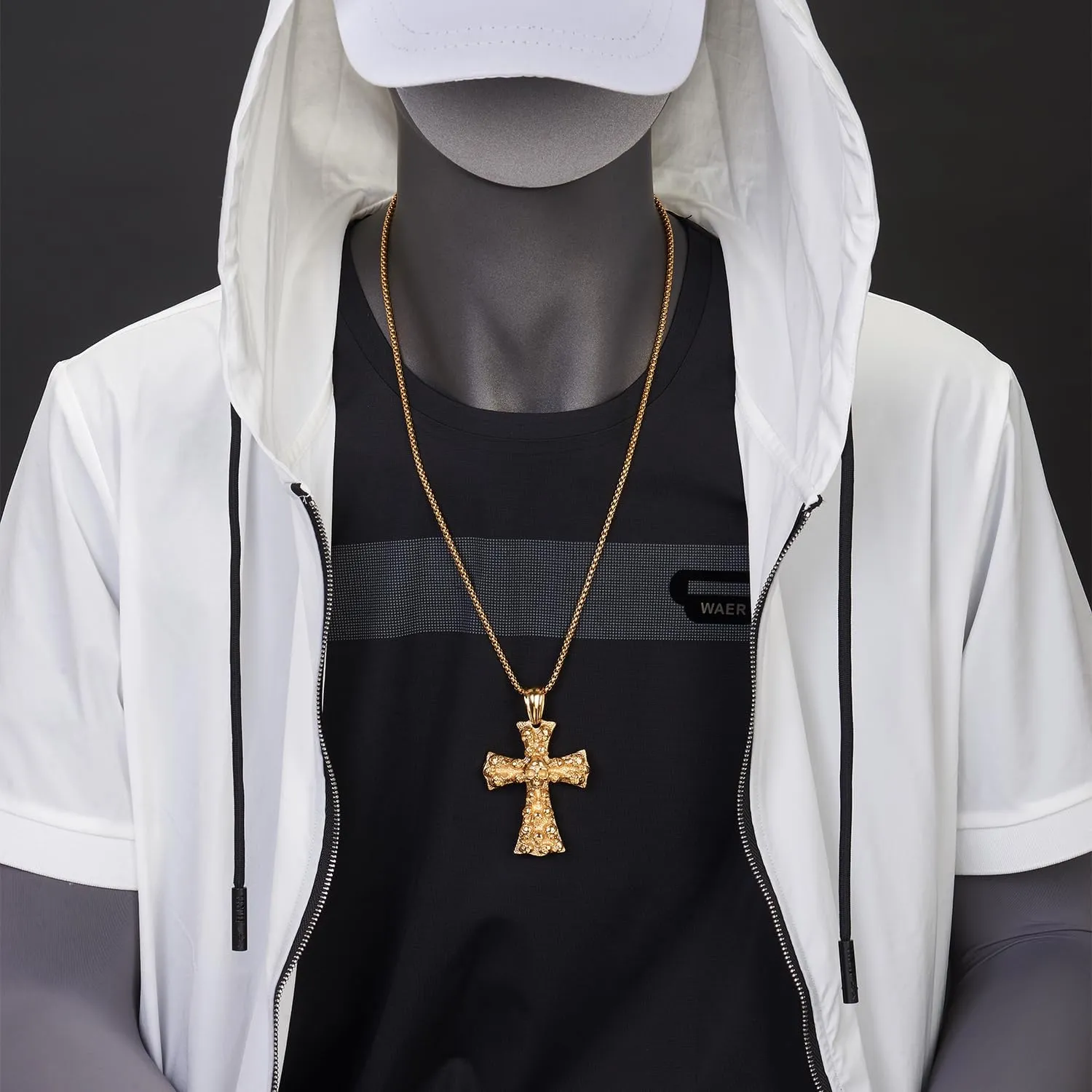 COOLSTEELANDBEYOND Mens Large Gothic Vintage Skulls Cross Pendant Necklace of Steel, Wheat Chain