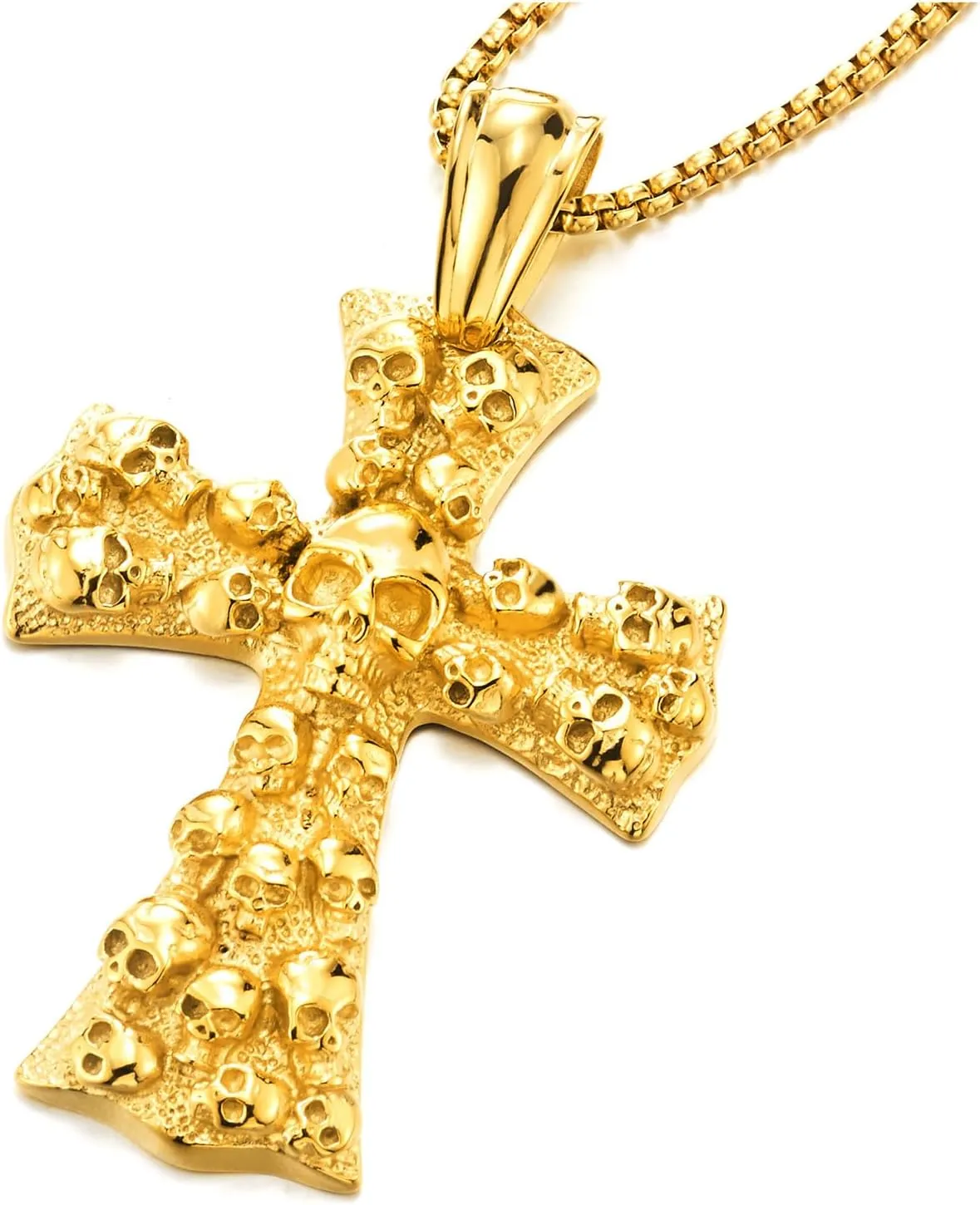 COOLSTEELANDBEYOND Mens Large Gothic Vintage Skulls Cross Pendant Necklace of Steel, Wheat Chain