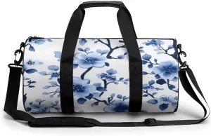 Coquette Blue Toile Chinoiserie Tree Pattern Travel Gym Bag for Women Men Cylindrical Duffle Bag Sport Workout Bag with Shoulder Strap