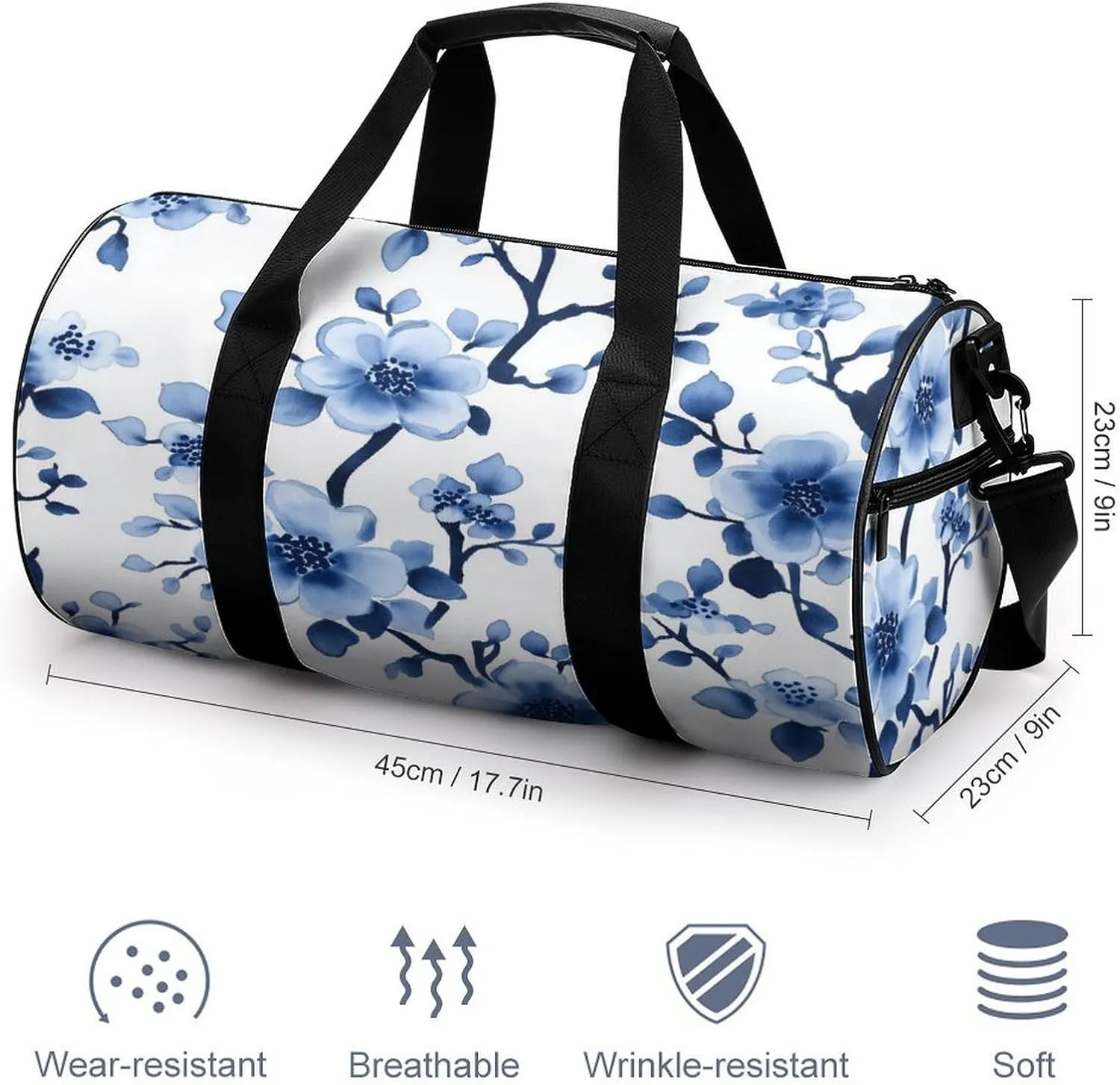 Coquette Blue Toile Chinoiserie Tree Pattern Travel Gym Bag for Women Men Cylindrical Duffle Bag Sport Workout Bag with Shoulder Strap