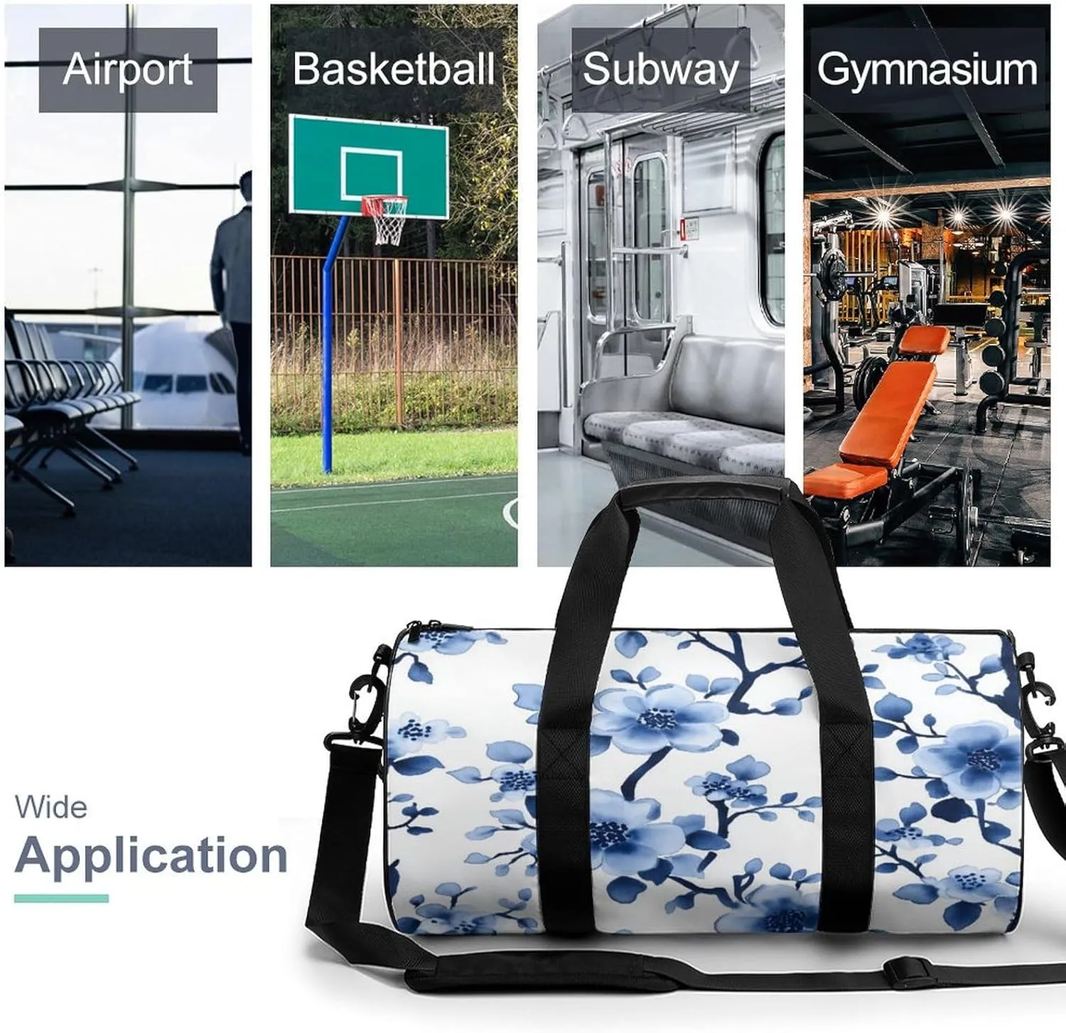 Coquette Blue Toile Chinoiserie Tree Pattern Travel Gym Bag for Women Men Cylindrical Duffle Bag Sport Workout Bag with Shoulder Strap
