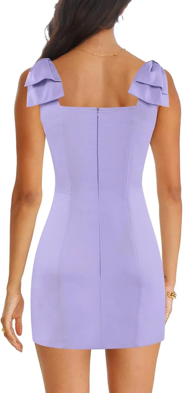 Cosonsen Women's Party Dress 2025 Square Neck Bow Strap Mini Sheath Dresses