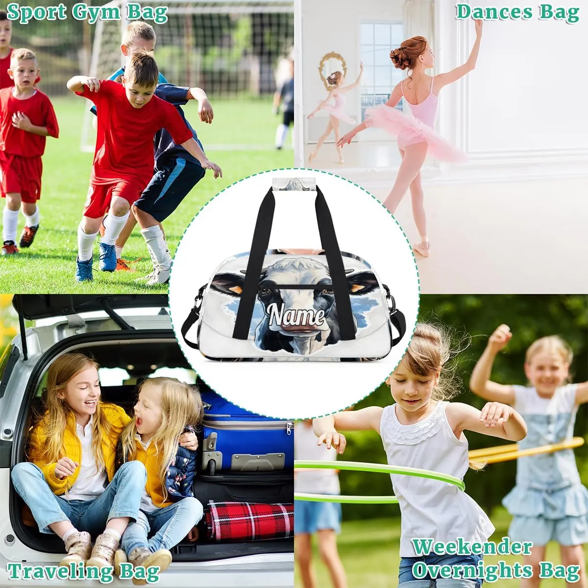 Cow Animal Custom Name Sport Duffel Bag Dance Bag for Girls Teens Personalized Ballet Bag Gift for Birthday Christmas Helloween