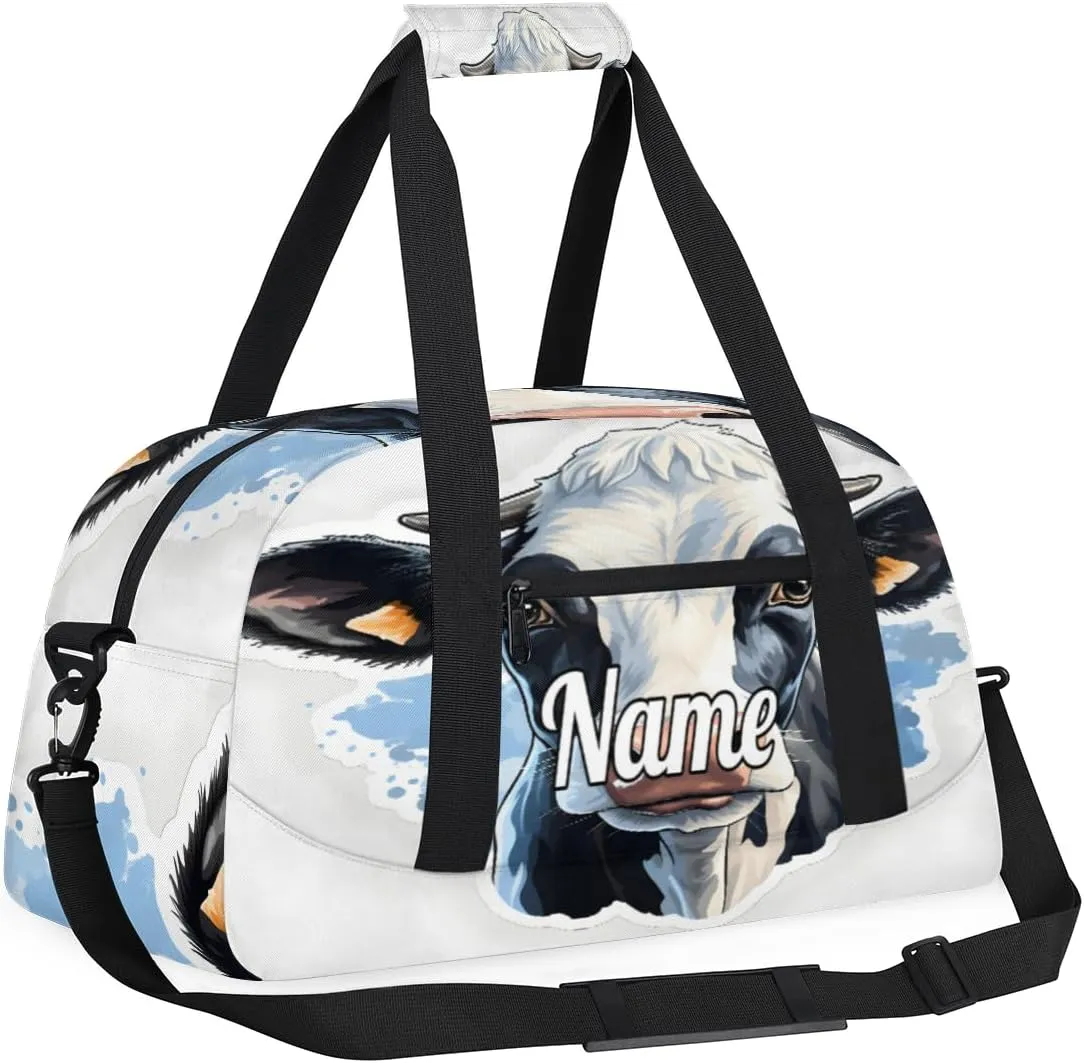 Cow Animal Custom Name Sport Duffel Bag Dance Bag for Girls Teens Personalized Ballet Bag Gift for Birthday Christmas Helloween